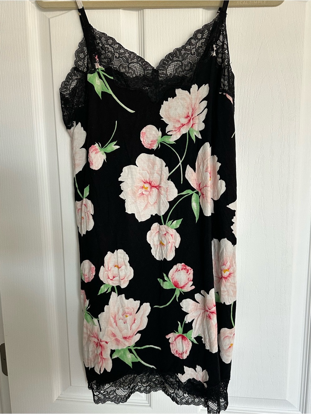 Soma Brand New Black Slip Dress/Nightie with Pink Floral Print and Lace Trim